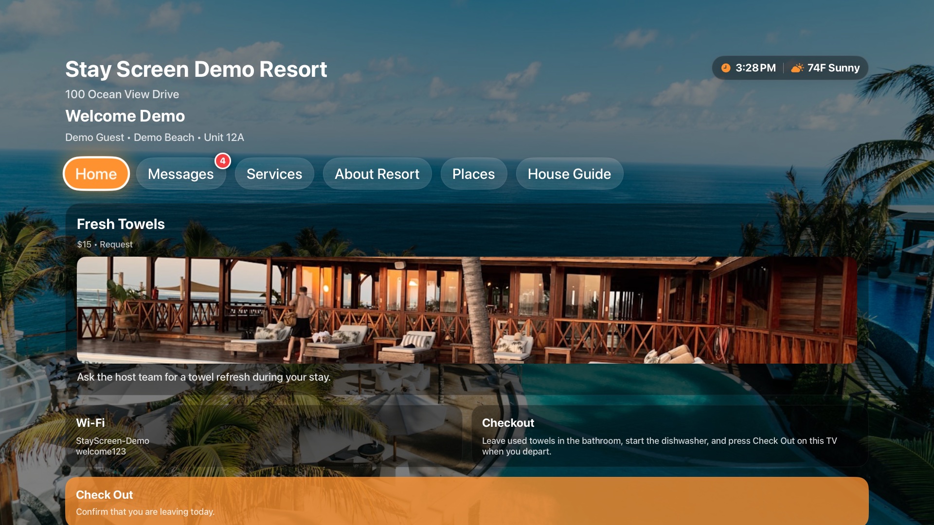 Stay Screen Apple TV app home screen showing a resort welcome screen, service offer, Wi-Fi, checkout, messages, places, and house guide navigation.